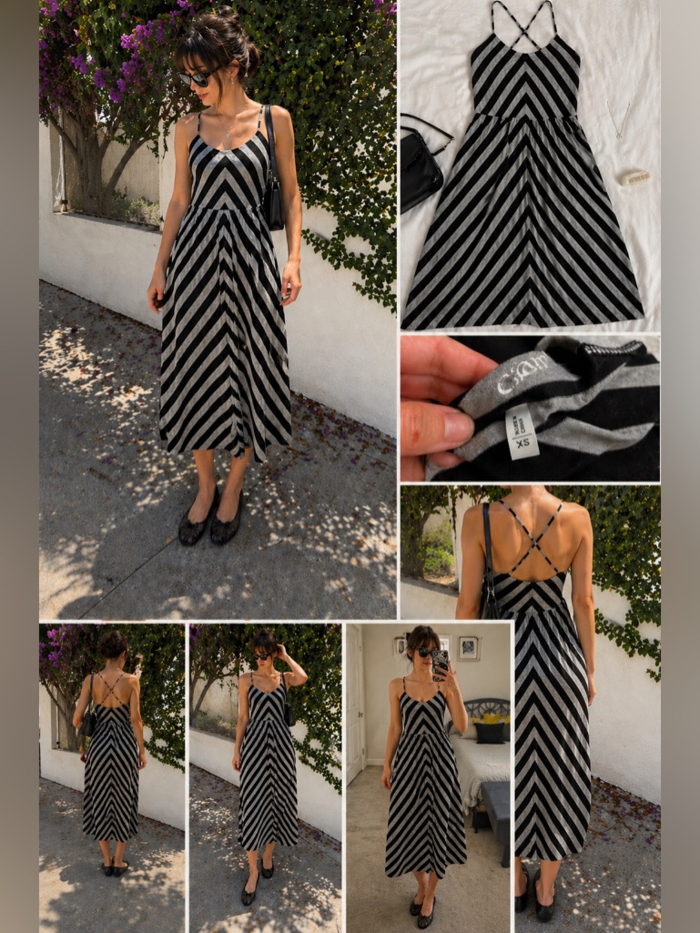 Caslon Black Gray Striped Mini Dress XS Crisscross Back Stretch